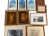 a lot of framed pictures and pictures on the wall