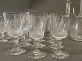 many wine glasses and a decanter on the table