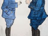 a drawing of two men in uniform talking to each other