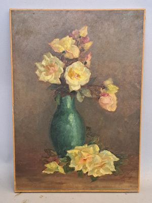 a painting of flowers in a green vase on a table