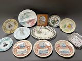 many plates that are arranged together on a table