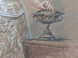 a painting of a woman holding a bowl on a table
