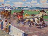 un tableau représentant une course de chevaux attelés à des calèches sur la piste