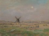 tableau représentant un moulin à vent dans un champ, avec des moutons qui paissent au premier plan