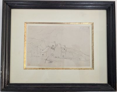 un vieux dessin représentant un château, encadré de noir, accroché au mur