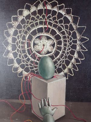 un tableau représentant une personne tenant une boîte contenant une balle
