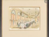 an image of a painting of a dining room with people seated at a table