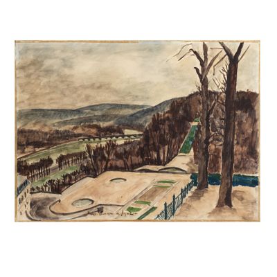 an image of a painting of a landscape with trees and a fence