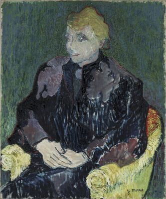 tableau représentant une femme assise sur une chaise, vêtue d'un manteau noir