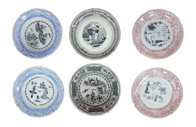 six different plates with different designs on them on a white surface