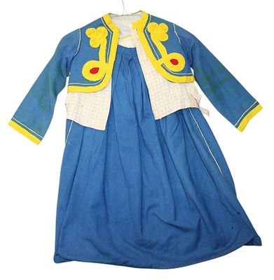 an image of a blue dress with yellow trimmings and a blue jacket
