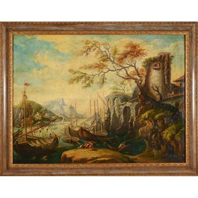 un tableau représentant une scène fluviale avec un château en arrière-plan