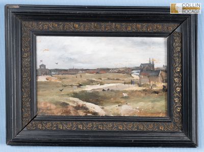 tableau encadré représentant une scène de vie à la ferme avec des vaches paissant dans un champ