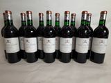 six bottles of wine are lined up in a row on a table