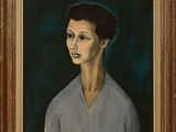 une peinture à l'huile représentant une femme vêtue d'un t-shirt gris