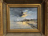 a painting of a beach scene with a boat in the water