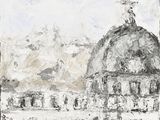 une peinture représentant un bâtiment surmonté d'une horloge