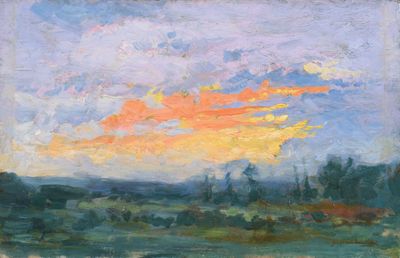 une peinture représentant une peinture d'un coucher de soleil sur un champ