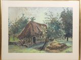 painting of a thatched house in a field with a horse drawn carriage