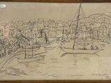 dessin représentant un voilier dans un port, avec une ville en arrière-plan