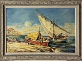 an oil painting of a sailboat and a boat on the water