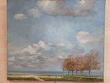 a painting of three trees on the beach by the water