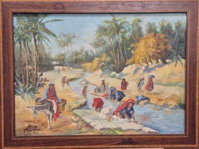 une peinture à l'huile représentant un groupe de personnes sur une plage