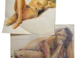 two drawings of a woman laying on the ground next to a man laying on the ground
