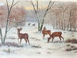 un tableau représentant un groupe de cerfs dans un champ enneigé