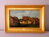 an oil painting of a village with a thatched roof