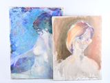 deux tableaux représentant une femme et un oiseau sur un fond blanc