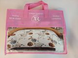 a pink bag with a picture of a bed in it