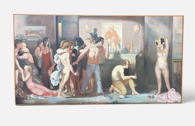 un tableau représentant une femme en train de laver un homme dans une salle de bains