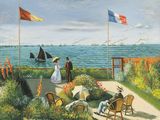 a painting of a woman sitting in a garden by the water