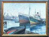 a painting of two boats in the water by the shore