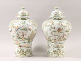 pair of chinese porcelain vases with birds and flowers on them