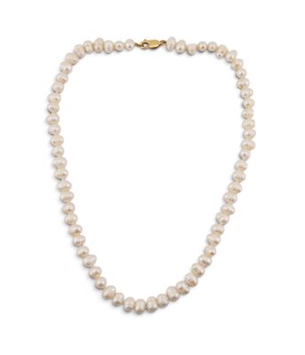 a white pearl necklace with a gold clasp on a white background
