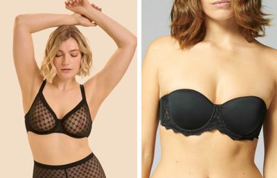 two photos of a woman in a black bra and a woman in a black bra