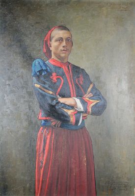 tableau représentant une femme vêtue d'une robe rouge et bleue, debout, les bras croisés