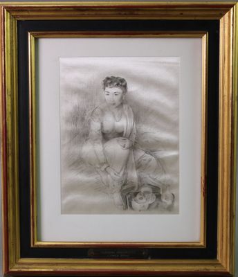 dessin représentant une femme assise par terre, dans un cadre doré
