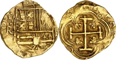 a gold coin with an image of a cross on it
