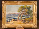 une peinture à l'huile représentant un paysage avec des arbres et de l'eau