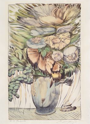 a drawing of a vase with flowers in it on a table