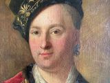 an old painting of a man wearing a black hat and a red jacket