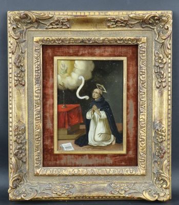 un vieux tableau représentant une femme avec un parapluie blanc, dans un cadre doré