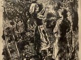 une image représentant un dessin en noir et blanc de deux femmes dans un champ
