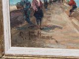 an oil painting of a group of people walking along a beach