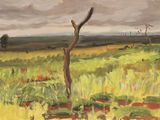 une peinture à l'huile représentant un champ avec des arbres et de l'herbe