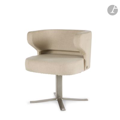 an image of a chair with a metal base and a beige upholstered seat