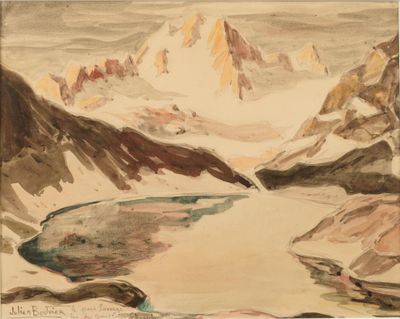 une image représentant un tableau représentant un paysage de montagne avec une rivière